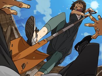 &gt;_&lt; 1boy 1girl black_dress black_pants blue_sky blush brown_hair burying_alive cloud commentary_request crying day digging dress feet foot_out_of_frame foreshortening from_below green_leggings hagiwara_yukiho holding holding_shovel idolmaster idolmaster_(classic) leggings nose_blush okazu-p_(kushino-okazu) open_mouth outdoors pants pov pov_hands pov_legs sandals short_hair shovel sky sleeveless sleeveless_dress streaming_tears sun sweat tears v-shaped_eyebrows white_sandals