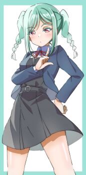 absurdres aqua_border aqua_hair blue_jacket blush border braid braided_twintails collared_shirt dress dress_shirt feet_out_of_frame finger_gun grey_dress hand_on_own_hip highres iinuma_yuuki jacket lone_nape_hair long_sleeves looking_at_viewer love_live! love_live!_superstar!! medium_hair neck_ribbon onitsuka_tomari open_clothes open_jacket outside_border parted_lips pinafore_dress pink_eyes pointing pointing_up red_ribbon ribbon school_uniform shirt short_dress sidelocks simple_background sleeveless sleeveless_dress standing twin_braids twintails white_background white_shirt winter_uniform yuigaoka_school_uniform