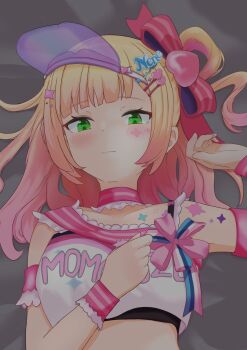 Rule 34 | 1girl, blonde hair, blunt ends, blush, character name, cheerleader, choker, clothes writing, commentary request, crop top, food-themed hair ornament, frilled choker, frilled sash, frilled wristband, frills, from above, gradient hair, green eyes, hair ornament, hair rings, hairclip, hand up, hasegn, highres, hololive, long hair, looking at viewer, lying, momosuzu nene, momosuzu nene (cheerleader), multicolored hair, official alternate costume, peach hair ornament, pink choker, pink hair, pink sash, pink visor, sash, see-through clothes, see-through headwear, shirt, sidelocks, sideways hat, single hair ring, solo, sports bra peek, upper body, virtual youtuber, visor cap, white shirt