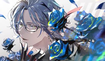 1boy bishounen black_gloves black_hair black_shirt blue_flower blue_hair blue_petals blue_rose blurry blurry_foreground collared_shirt commentary ear_piercing earrings english_commentary falling_petals flower glasses gloves hand_on_own_chin hand_up hex_haywire highres jewelry koujisako looking_at_viewer male_focus multicolored_hair nijisanji nijisanji_en open_mouth parted_bangs parted_lips petals piercing portrait rose shirt short_hair smile solo streaked_hair virtual_youtuber white_background yellow_eyes