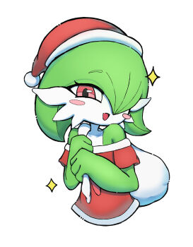 1girl bare_shoulders blush blush_stickers bob_cut colored_skin female_focus flat_chest fur-trimmed_hat fur-trimmed_shirt fur_trim gardevoir gen_3_pokemon green_hair green_skin hair_over_one_eye hands_up happy hat holding holding_sack looking_at_viewer multicolored_skin nintendo off-shoulder_shirt off_shoulder one_eye_covered open_mouth own_hands_together pokemon pokemon_(creature) pom_pom_(clothes) red_eyes red_hat red_shirt sack santa_costume santa_hat sara_(sublender1234) shirt short_hair short_sleeves simple_background smile solo sparkle two-tone_skin upper_body white_background white_skin