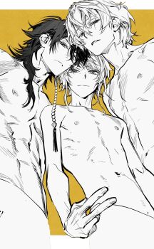 Rule 34 | 3boys, absurdres, amemura ramuda, arisugawa dice, black hair, commentary request, earrings, fling posse, highres, hypnosis mic, implied yaoi, jewelry, looking at viewer, male focus, multiple boys, navel, nipples, nude, sennin (inoinox), simple background, skinny, toned, toned male, v, yumeno gentaro