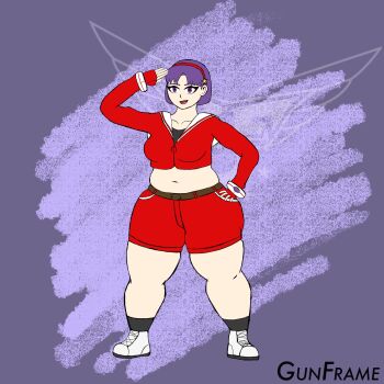 Rule 34 | 1girl, absurdres, asamiya athena, breasts, female focus, gun frame, hairband, highres, jacket, large breasts, long sleeves, muscular, muscular female, pale skin, pants, plump, purple eyes, purple hair, shoes, short hair, smile, smiley face, standing, star (symbol), the king of fighters, thick thighs, thighs, wide hips