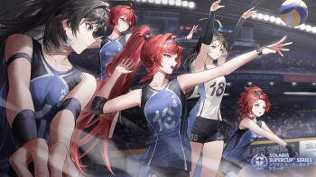 5girls ahoge arm_strap ball bangs_pinned_back bare_shoulders black_eyes black_gloves black_hair black_hairband blue_eyes breasts chixia_(wuthering_waves) collarbone commentary_request cotta_(heleif) danjin_(wuthering_waves) fingerless_gloves gloves guest_art hairband high_ponytail highres huge_ahoge indoors jianxin_(wuthering_waves) logo long_hair medium_breasts mole mole_under_eye multicolored_hair multiple_girls official_art open_mouth orange_eyes ponytail red_hair second-party_source sportswear two-tone_hair volleyball volleyball_(object) volleyball_uniform white_hair wuthering_waves yangyang_(wuthering_waves) yinlin_(wuthering_waves)