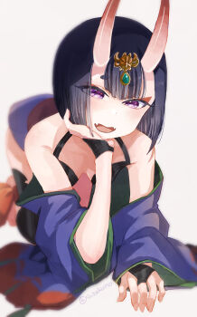 Rule 34 | 1girl, artist name, bare shoulders, blush, bob cut, commentary request, demon horns, eyeliner, fangs, fate/grand order, fate (series), head rest, highres, horns, japanese clothes, kimono, looking at viewer, makeup, open mouth, purple eyes, purple hair, purple kimono, red eyeliner, revealing clothes, short hair, shuten douji (fate), smile, solo, suzaku (syoko975), twitter username