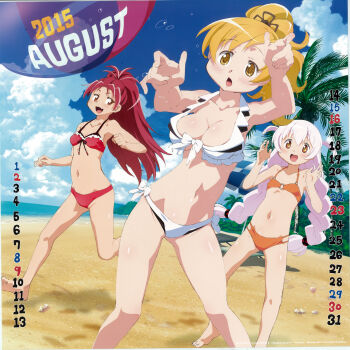 10s 2015 3girls absurdres alternate_hairstyle august bikini blonde_hair breasts calendar fang highres kikuta_kouichi large_breasts long_hair mahou_shoujo_madoka_magica mahou_shoujo_madoka_magica:_hangyaku_no_monogatari midriff momoe_nagisa multiple_girls o-ring o-ring_top official_art ponytail quality red_eyes red_hair sakura_kyoko smile swimsuit tomoe_mami white_hair yellow_eyes