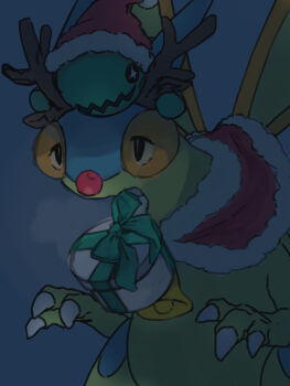 +_+ alternate_color animal_ears animal_focus bad_id bad_pixiv_id black_eyes black_sclera bow box bright_pupils butter_(oshi8kyoumoh) capelet christmas claws clothed_pokemon clown_nose colored_sclera dark fake_animal_ears flygon fur-trimmed_capelet fur-trimmed_hat fur_trim gen_3_pokemon gift gift_box green_bow green_ribbon grey_background half-closed_eyes hands_up hat highres looking_afar neck_bell nintendo no_humans on_head open_mouth pokemon pokemon_(creature) pokemon_on_head red_capelet red_hat red_nose ribbon santa_hat shiny_pokemon simple_background standing trapinch upper_body wavy_mouth white_eyes white_pupils