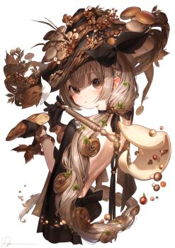 1girl :t autumn autumn_leaves back baguette bare_back black_bow black_dress black_gloves blush bow braid bread breasts brown_eyes brown_hair cinnamon_roll closed_mouth commentary dot_nose dress eating food fruit gloves grey_hair hair_between_eyes hair_ornament hat hat_bow hat_ornament highres holding holding_food leaf leaf_hair_ornament leaf_on_head long_hair looking_at_viewer mushroom original revision ryota_(ry_o_ta) side_braid sidelocks signature simple_background solo symbol-only_commentary upper_body very_long_hair white_background