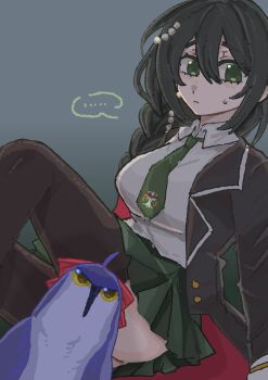 Rule 34 | ..., 1girl, animal, animalization, arms at sides, assault lily, bird, black hair, black jacket, black thighhighs, braid, breasts, chinese commentary, closed mouth, collared shirt, commentary request, convenient censoring, cowboy shot, gatti love, gradient background, green background, green eyes, green necktie, green skirt, grey background, hair between eyes, hair ornament, hair over shoulder, highres, invisible chair, jacket, knees up, long hair, long sleeves, looking at viewer, medium breasts, miniskirt, miyamoto komuku, nakabayashi kaina, necktie, open clothes, open jacket, pearl hair ornament, pleated skirt, raised eyebrows, red ribbon, ribbon, school uniform, shirt, side braid, single braid, sitting, skirt, solo, speech bubble, spoken ellipsis, sweatdrop, thighhighs, two-sided fabric, two-sided jacket, v-shaped eyebrows, white shirt, yellow eyes