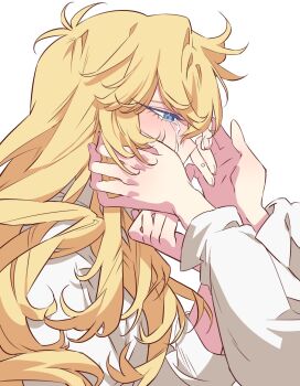1boy 1girl andre_grandier blonde_hair blue_eyes crying crying_with_eyes_open from_side hair_between_eyes hands_on_another&#039;s_face hands_up highres long_hair long_sleeves meremero oscar_francois_de_jarjayes out_of_frame profile shirt simple_background tears upper_body versailles_no_bara white_background white_shirt wiping_tears