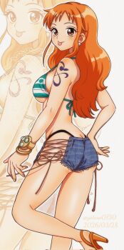 1girl 2026 adapted_costume alternate_costume back-tie_bikini backboob bangle bare_legs bikini blush bracelet breasts brown_eyes butt_crack commentary_request cross-laced_clothes cross-laced_shorts dated denim denim_shorts earrings feet_out_of_frame frayed_shorts from_side green_bikini halterneck high_heel_sandals high_heels highres jewelry large_breasts leg_up log_pose long_hair looking_at_viewer looking_to_the_side nami_(one_piece) nami_(one_piece)_(return_to_sabaody) one_piece orange_hair pearl_earrings sandals short_shorts shorts shoulder_tattoo solo strap_gap swimsuit tattoo tongue tongue_out twitter_username underboob wavy_hair whale_tail_(clothing) yatarou_(yataro0730) zoom_layer