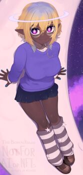 +_+ 1girl black_skirt blonde_hair blue_hair blue_nails breasts brown_shoes commentary commission dark-skinned_female dark_skin english_commentary english_text glasses gradient_hair hair_between_eyes halo highres leg_warmers looking_at_viewer medium_breasts miniskirt multicolored_hair nail_polish original pointy_ears purple_eyes purple_sweater round_eyewear shoes short_hair skirt solo star_(symbol) sweater watermark wing_collar yellow-framed_eyewear yoako