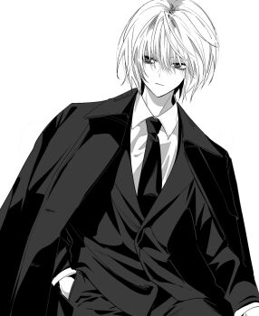 1boy :| androgynous closed_mouth coat coat_on_shoulders collared_coat collared_shirt formal_clothes greyscale hand_in_pocket highres hunter_x_hunter jacket kurapika layered_sleeves long_sleeves looking_to_the_side male_focus monochrome necktie pants parted_hair sakka47 shirt sideways_glance simple_background solo suit white_background wing_collar