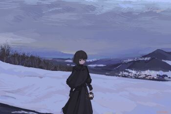 1girl black_capelet black_dress black_eyes black_hair capelet cloud cloudy_sky commentary dress english_commentary feshin fur-trimmed_capelet fur_trim kuonji_alice landscape lantern mahou_tsukai_no_yoru sky snow solo type-moon