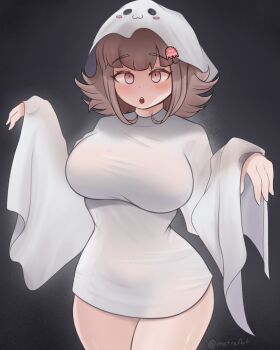 1girl :3 :o alternate_costume black_background blush breasts brown_hair cowboy_shot danganronpa_(series) danganronpa_2:_goodbye_despair flipped_hair ghost_costume gradient_background hair_ornament halloween_costume hands_up highres large_breasts long_sleeves looking_at_viewer matraart medium_hair nanami_chiaki open_mouth pink_eyes shiny_skin sidelocks simple_background solo teeth upper_teeth_only