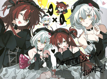 bare_shoulders black_dress black_gloves brown_hair chinese_commentary commentary_request dress gloves gutaiyou hat off_shoulder open_mouth short_hair twintails white_hair yellow_eyes