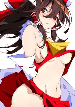 1girl absurdres bow breasts brown_hair commentary_request cropped_shirt detached_sleeves hair_bow hair_tubes hakurei_reimu highres long_hair medium_breasts miniskirt nipples red_bow red_eyes red_shirt red_skirt shirt sideless_shirt simple_background skirt solo touhou unanooo_(fthx7532) white_background white_shirt