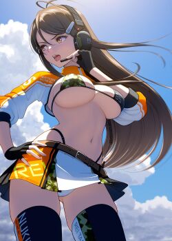 1girl absurdres belt bikini bikini_top_only black_gloves breasts brown_hair camouflage_bikini_top cloud commentary_request fingerless_gloves fingernails from_below gloves hand_on_own_hip headset highres long_hair minamoto_natsuki navel nukigee_mitai_na_shima_ni_sunderu_watashi_wa_dou_surya_ii_desu_ka? open_mouth outdoors panties race_queen skirt sky solo standing sunlight swimsuit tadasugawa_rei teeth thighhighs thighs underboob underwear upskirt white_panties yellow_eyes