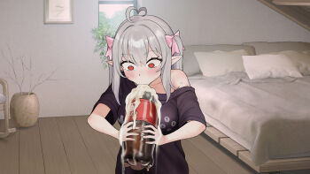 1girl :&gt;= a_simple_life_with_my_unobtrusive_sister absurdres ahoge bare_shoulders bed blush bottle breasts drinking grey_hair highres holding holding_bottle indoors long_hair niliu_chahui off-shoulder_shirt off_shoulder original pointy_ears red_eyes shirt soda soda_bottle solo spilling sweat