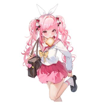 1girl absurdres adjusting_footwear animal_ear_hairband animal_ears ankle_socks artist_request badge bag black_shoes blush bow bowtie bread bread_slice button_badge collarbone fake_animal_ears flower_hairtie food food_in_mouth foot_out_of_frame full_body furrowed_brow hairband highres hoshimiya_kana long_hair long_sleeves official_alternate_costume official_art pink_eyes pink_hair pink_sailor_collar pink_skirt pleated_skirt poker_fate rabbit_ear_hairband rabbit_ears sailor_collar school_uniform serafuku shoes shoulder_bag skirt socks solo sweatdrop transparent_background twintails white_serafuku white_socks yellow_bow yellow_bowtie