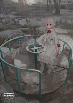 1girl :o absurdres animal bare_tree boots braid brown_eyes capelet car carousel center_frills chihuri chinese_zodiac commentary_request day dress earmuffs english_text frilled_dress frills fur-trimmed_capelet fur-trimmed_mittens fur_trim grey_boots hair_between_eyes hair_intakes highres holding holding_animal long_hair mittens motor_vehicle nea_(chihuri) original outdoors parted_lips pink_hair snake snow solo swing_set tree twin_braids very_long_hair watermark white_capelet white_dress white_mittens white_snake year_of_the_snake