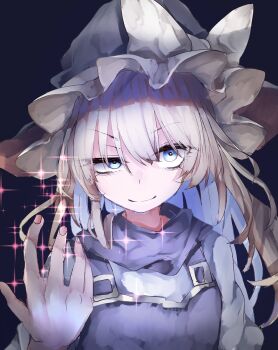 1girl absurdres bandana bandana_around_neck black_hat black_vest blonde_hair blue_eyes bow closed_mouth dark_background frilled_hat frills hair_between_eyes hat hat_bow highres kirisame_marisa long_hair looking_at_viewer muraryo one-hour_drawing_challenge puffy_sleeves purple_bandana purple_shirt red_nails shirt smile solo sparkle touhou vest white_bow white_shirt witch_hat