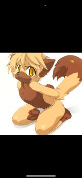 absurdres animal_ears commentary english_commentary erect_clitoris fox_boy fox_ears fox_tail highres looking_at_viewer non-web_source original penis scared seiza sitting tail yellow_eyes