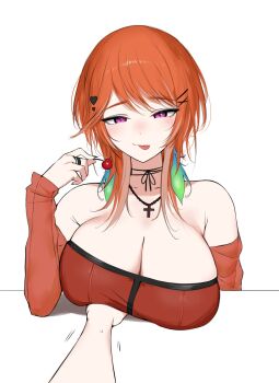 1girl alternate_costume armpit_crease bare_shoulders black_choker black_ribbon blush breasts cherry choker cleavage commentary cross cross_necklace dress food fruit hair_ornament hashtag-only_commentary heart heart_hair_ornament highres holding holding_food holding_fruit hololive hololive_english huge_breasts jewelry licking_lips long_sleeves looking_at_viewer medium_hair mulhubs necklace orange_hair parted_bangs pov pov_hands purple_eyes red_dress ribbon ribbon_choker ring simple_background smile solo_focus strapless strapless_dress swept_bangs takanashi_kiara tongue tongue_out virtual_youtuber white_background x_hair_ornament