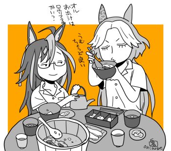 Rule 34 | 2girls, closed eyes, closed mouth, colored bangs, commentary request, cup, dream journey (umamusume), eating, fish, food, glasses, greyscale with colored background, horse girl, long hair, looking at another, multiple girls, o3o, onikobe rin, orange background, orfevre (umamusume), parted bangs, shamoji, simple background, smile, teapot, translation request, umamusume, upper body, white background