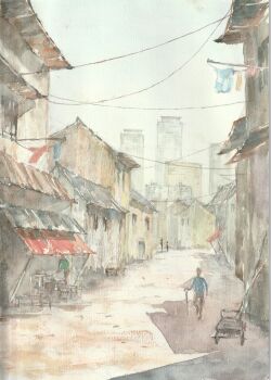 awning building cityscape commentary_request day highres original outdoors painting_(medium) paruperu people power_lines scenery shade skyscraper traditional_media watercolor_(medium)