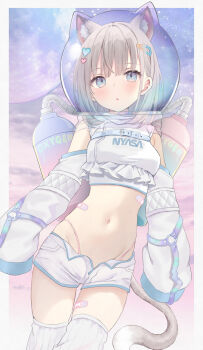1girl absurdres akino_ell animal_ears bandaid bare_shoulders belt blue_eyes brand_name_imitation breasts cat_ears cat_girl cat_tail commentary_request cowboy_shot crop_top detached_sleeves frilled_shirt frills grey_hair hair_ornament heart heart_hair_ornament helmet highleg highres long_sleeves looking_at_viewer medium_breasts medium_hair midriff navel open_fly original oxygen_tank panty_straps parted_lips revealing_clothes revision ribbed_thighhighs see-through_clothes shirt short_shorts shorts sleeveless sleeveless_shirt sleeves_past_fingers sleeves_past_wrists solo space_helmet stomach tail tenshi_kaiwai thighhighs thighs white_shirt white_shorts white_thighhighs