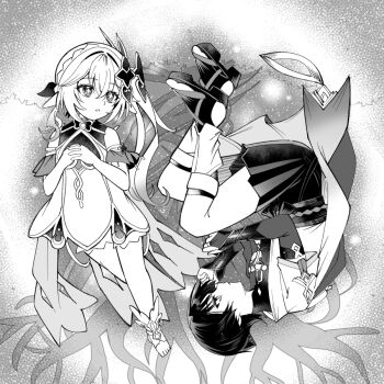 Rule 34 | 1girl, 2boys, arm behind back, armlet, armor, belt, bloomers, blunt ends, bodysuit, bridal gauntlets, cape, caramelo game, coat, cross-shaped pupils, crossed bangs, detached sleeves, dottore (genshin impact), dress, eyelashes, facing away, fetal position, furisode, genshin impact, greyscale, hair between eyes, hair ornament, hakama, hakama shorts, half crown braid, interlocked fingers, japanese armor, japanese clothes, jewelry, kimono, kote, layered sleeves, leaf, leaf hair ornament, leg warmers, long hair, looking at another, looking to the side, mandarin collar, middle ring, monochrome, multiple boys, nahida (genshin impact), open mouth, own hands together, pleated shorts, pointy ears, rope, sandals, sash, scaramouche (genshin impact), short sleeves, shorts, side ponytail, sidelocks, symbol-shaped pupils, tsurime, underwear, upside-down, wanderer (genshin impact), zouri