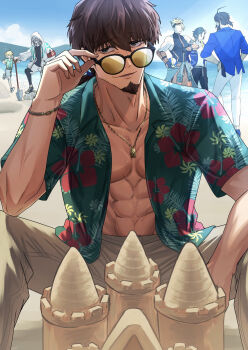 6+boys abs absurdres achilles_(fate) achilles_(fearless_diver)_(fate) adjusting_eyewear ahoge apollo_(fate) asclepius_(fate) asclepius_(summer_rescue)_(fate) ball bare_pectorals beach brown_pants captain_morgan_pose collarbone edward_teach_(fate) edward_teach_(midsummer_gentleman)_(fate) facial_hair fate/grand_order fate_(series) flying_sweatdrops goatee green_eyes hawaiian_shirt hector_(fate) hector_(void_dust_shaved_ice)_(fate) highres holding holding_ball hood hood_up jewelry koniko0907 male_focus mandricardo_(fate) mandricardo_(summer_sportswear)_(fate) mature_male multiple_boys necklace pants paris_(fate) pectorals ponytail sand_castle sand_sculpture shirt shovel sideburns stepped_on summer sunglasses toned toned_male volleyball
