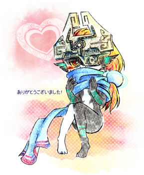 1girl black_skin blue_scarf blush chatan_(160429) colored_sclera colored_skin glowing glowing_tattoo hair_ornament heart helmet hyrule_warriors imp midna multicolored_skin nintendo nude one_eye_covered orange_hair pointy_ears red_eyes scarf solo tattoo the_legend_of_zelda two-tone_skin yellow_sclera