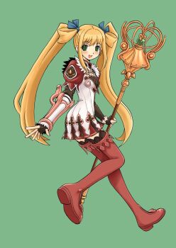 Rule 34 | 1girl, black gloves, blonde hair, boots, bracer, commentary request, elbow gloves, fingerless gloves, full body, gloves, green background, green eyes, hair rings, holding, holding staff, long hair, looking at viewer, looking to the side, miniskirt, official art, okano takeshi, open mouth, phara mir celestia, pleated skirt, puffy short sleeves, puffy sleeves, red boots, red shirt, red skirt, shirt, short sleeves, simple background, single bracer, skirt, smile, solo, staff, standing, summon night, summon night x, thigh boots, turning head, twintails, very long hair, white shirt