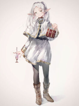 1girl absurdres awarin bag black_pantyhose boots brown_boots capelet earrings elf frieren full_body gold_trim green_eyes high_collar highres holding holding_bag jacket jewelry light_smile long_hair mimic pantyhose pointy_ears potion shirt simple_background solo sousou_no_frieren standing striped_clothes striped_shirt white_background white_capelet white_hair white_jacket