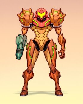 Rule 34 | 1girl, absurdres, arm cannon, armor, assault visor, gradient background, highres, metroid, mlopez.artz, nintendo, power armor, power suit (metroid), red armor, samus aran, simple background, two-tone armor, varia suit, weapon