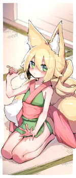 Rule 34 | 1girl, absurdres, animal ear fluff, animal ears, blonde hair, blush, border, commission, double-parted bangs, fox ears, fox girl, fox tail, fukutchi, green eyes, hair between eyes, highres, holding, indoors, japanese clothes, lap pillow invitation, large tail, looking at viewer, mimikaki, miniskirt, original, ponytail, seiza, short eyebrows, side slit, sitting, skeb commission, skirt, sleeveless, solo, tail, tatami, thick eyebrows, white border