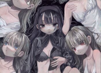 5girls aegyo_sal black_bra black_eyes black_hair black_hairband black_shrug blonde_hair blue_eyes bra breasts cleavage collarbone commentary_request expressionless eyelashes hairband highres long_hair monou_pico multiple_girls original red_eyes shrug_(clothing) small_breasts underwear upper_body