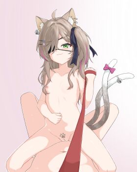 1girl :3 absurdres animal_ear_fluff bow breasts brown_hair completely_nude earrings eyepatch fish_hair_ornament green_eyes hair_ornament hair_ribbon highres jewelry leash loli long_hair looking_at_viewer multicolored_hair multiple_tails nude one_side_up paw_hair_ornament pink_hair pov prism_project pussy ribbon simple_background small_breasts smile smug straddling streaked_hair suzune_nia tail tail_bow tail_ornament two_tails uts viewer_on_leash virtual_youtuber