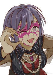 Rule 34 | 1girl, :3, absurdres, bang dream!, bang dream! it&#039;s mygo!!!!!, bead necklace, beads, black vest, blood, blood on face, commentary, half-heart hands, highres, jewelry, looking at viewer, necklace, one eye closed, open mouth, purple blood, purple brooch, purple eyes, purple hair, see-through, see-through sleeves, short hair, simple background, solo, upper body, vest, white background, yui k (yuik48074789), yuutenji nyamu