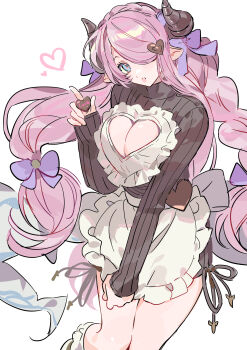 absurdres apron blue_eyes braid candy chocolate chocolate_heart cleavage_cutout clothing_cutout food granblue_fantasy hair_ribbon heart heart-shaped_food highres horns keita_kg85 looking_at_viewer narmaya_(granblue_fantasy) narmaya_(valentine)_(granblue_fantasy) open_mouth pink_hair ribbon single_braid smile string sweater turtleneck turtleneck_sweater white_apron