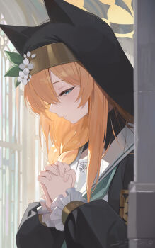 1girl animal_ears begging blue_archive blue_eyes blush braid flower frilled_sleeves frills hair_flower hair_ornament hair_over_one_eye highres indoors long_hair mari_(blue_archive) nun orange_hair solo ttt_(5274293) upper_body
