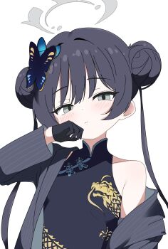 1girl absurdres bare_shoulders black_dress black_gloves black_hair blue_archive blush breasts butterfly_hair_ornament china_dress chinese_clothes coat commentary_request double_bun dragon_print dress gamma_(criticism-motor) gloves grey_eyes grey_halo hair_bun hair_ornament halo hand_up highres kisaki_(blue_archive) korean_commentary long_hair looking_at_viewer pinstripe_jacket pinstripe_pattern print_dress simple_background single_bare_shoulder sleeveless sleeveless_dress small_breasts solo striped_coat twintails white_background