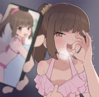 1boy 1girl :d alternate_hairstyle bare_arms bare_shoulders bikini blush brown_eyes brown_hair bubukka cellphone come_hither dark dot_nose fellatio_gesture flashing frilled_bikini frills hair_ornament hair_over_one_eye hair_scrunchie half-closed_eyes holding holding_phone in_heat loli long_hair looking_at_viewer looking_to_the_side mole mole_under_eye motion_lines multiple_views naughty_face open_mouth oral_invitation original phone pink_bikini pink_scrunchie ponytail pov pulling_own_clothes raised_eyebrows scrunchie sexually_suggestive smartphone smile steam straight_hair swimsuit teasing teeth tongue tongue_out top_pull upper_body upper_teeth_only uri_(bubukka) yellow_scrunchie