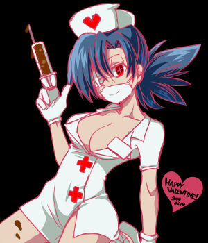 Rule 34 | 1girl, 2014, black background, blue hair, breasts, chocolate, chocolate drip, cleavage, collarbone, cowboy shot, cross, dated, dress, eyepatch, female focus, food, gloves, hair over one eye, half-closed eyes, hat, heart, kneeling, large breasts, looking at viewer, mask, medical eyepatch, midriff, mochinaga, mouth mask, name connection, name tag, narrow waist, nurse, nurse cap, red eyes, short dress, simple background, skullgirls, smile, solo, surgical mask, syringe, valentine, valentine (skullgirls), white gloves