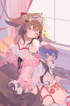 1girl absurdres alternate_costume animal_ear_fluff animal_ears bare_shoulders belle_(delicate_sunlight)_(zenless_zone_zero) belle_(zenless_zone_zero) blush breasts brown_hair brown_tail character_doll cleavage closed_mouth collarbone commentary_request curtains doll droopy_ears hair_ornament head_tilt heart heart-shaped_pillow highres holding indoors large_breasts leg_tattoo long_hair mask mask_on_head mimikaki nightgown on_bed one_eye_closed pillow red_eyes sitting sleep_mask smile socks solo tail tattoo teoskyrios very_long_hair white_nightgown white_socks window ye_shunguang yellow_nails yokozuwari zenless_zone_zero