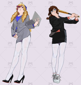 2girls baseball_bat black_jacket black_shoes black_skirt blonde_hair blue_eyes blue_ribbon brown_hair commentary_request commission computer drill_hair glasses grey_jacket grey_skirt grin hair_ribbon hand_on_own_hip high_heels highres holding holding_baseball_bat holding_laptop jacket laptop long_hair multicolored_hair multiple_girls ojipon original pantyhose parted_lips red_hair ribbon shoes simple_background skeb_commission skirt smile sneakers standing streaked_hair watermark white_pantyhose white_shoes