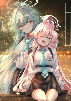 2girls ahoge black_gloves black_skirt blue_archive blue_hair blue_necktie blush breasts closed_eyes closed_mouth commentary_request dated fingerless_gloves gloves hair_between_eyes halo hand_on_another&#039;s_head hand_on_another&#039;s_shoulder highres hoshino_(blue_archive) huge_ahoge large_breasts long_hair multiple_girls nakura_haru necktie open_mouth pink_hair pink_halo pleated_skirt shirt signature skirt small_breasts smile standing very_long_hair white_shirt yellow_eyes yume_(blue_archive)