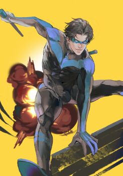 1boy bara batman_(series) baton_(weapon) black_bodysuit black_hair blue_bodysuit bodysuit dc_comics dick_grayson domino_mask explosion eye_mask highres holding holding_weapon koumikoumi69 large_pectorals male_focus mask multicolored_bodysuit muscular muscular_male nightwing pectorals short_hair smile solo superhero_costume two-tone_bodysuit weapon